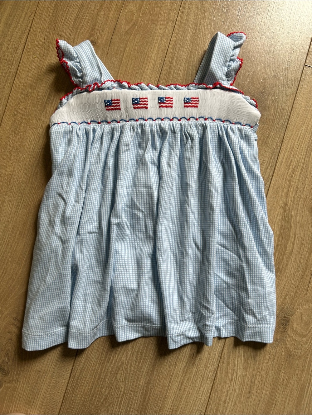 Petit Bateau Light Blue Gingham Tank Top with Red Trim and Flag Embroidery